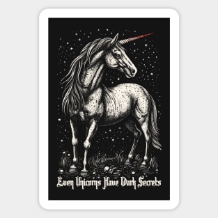 Even Unicorns Have Dark Secrets - Vintage Linocut Style Illustration Print Sticker